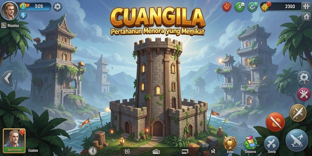 Screenshot gameplay CUANGILA yang menampilkan menara dan musuh.