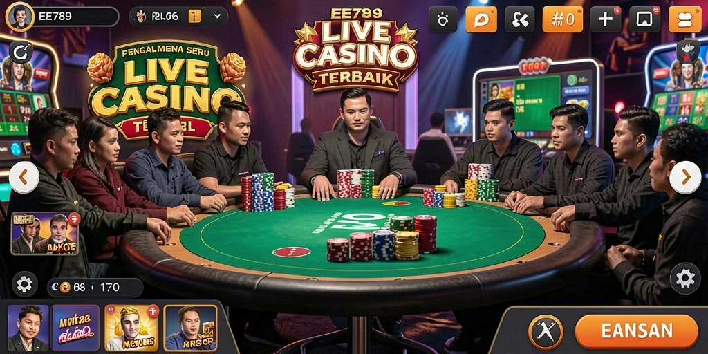 Screenshot gameplay Live Casino EE789 menampilkan dealer langsung dan interaksi menarik.