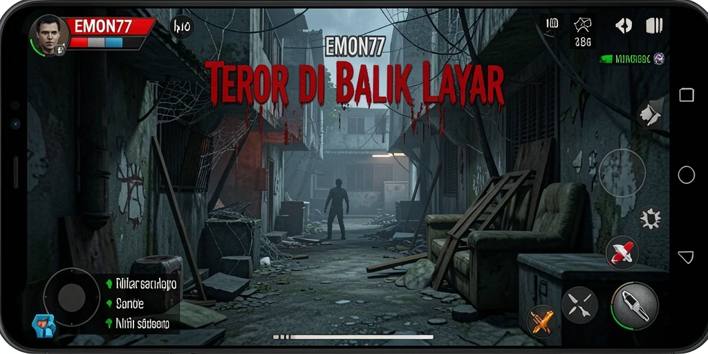 Screenshot gameplay EMON77 yang menampilkan suasana Horror mencekam.