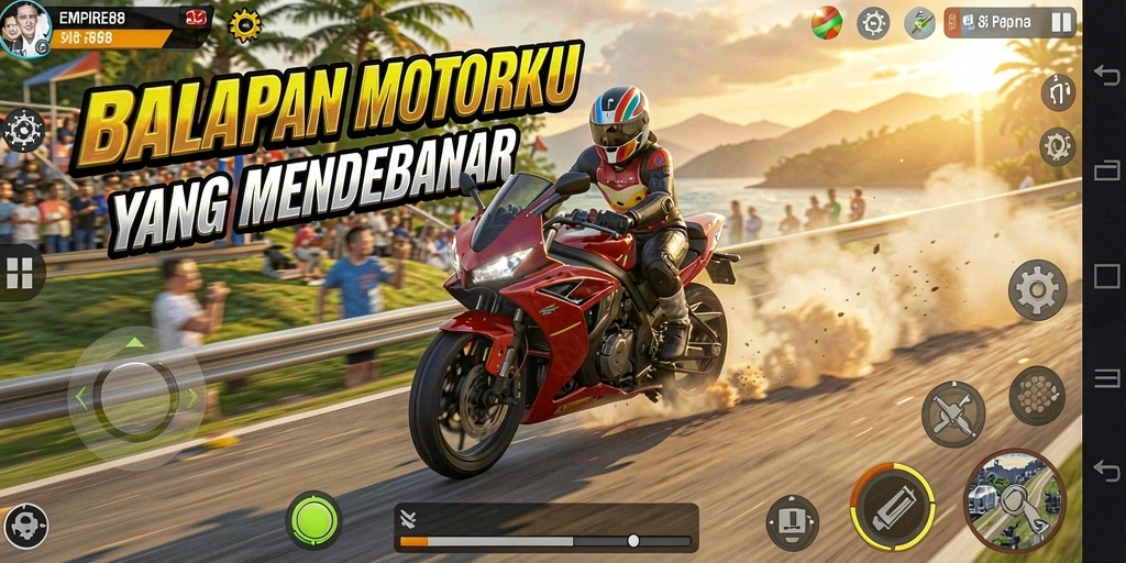 Tampilan gameplay EMPIRE88 dengan berbagai motor dan lintasan balapan.