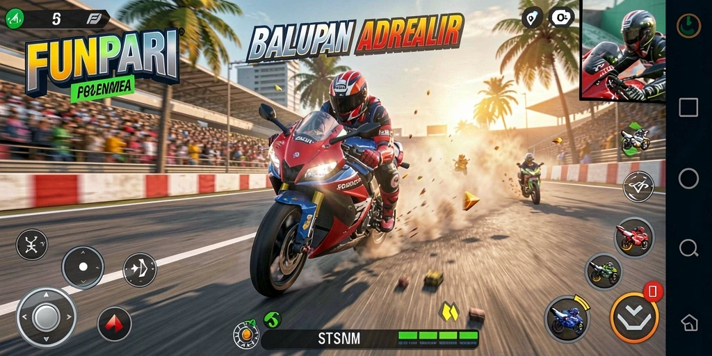 Menampilkan gameplay balapan motor yang menegangkan.