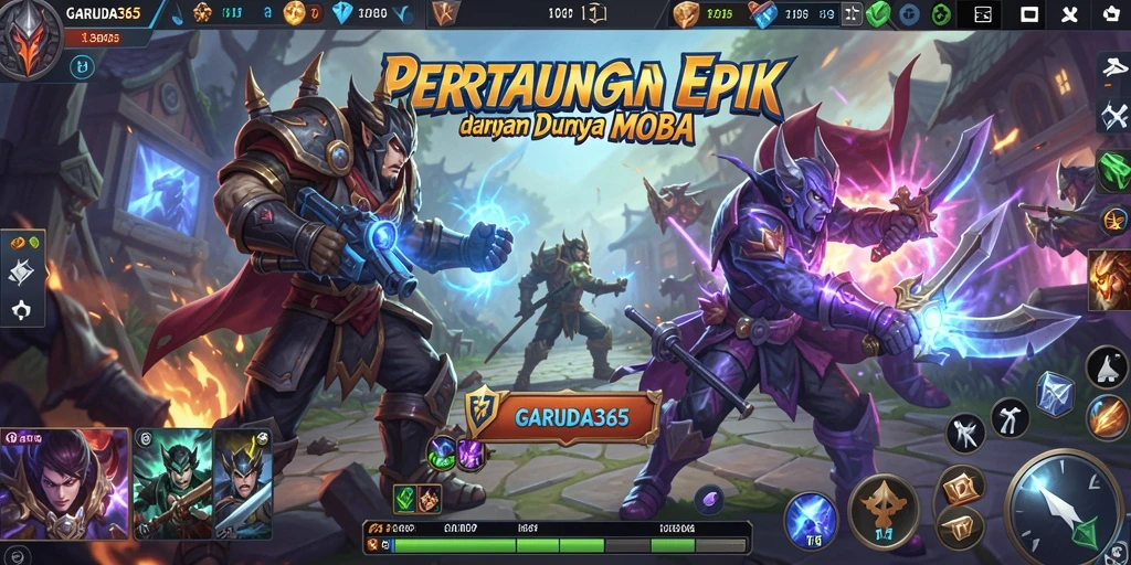 Screenshot utama GARUDA365 menampilkan aksi pertempuran seru dalam arena MOBA.