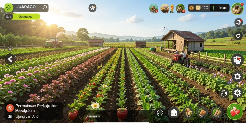 Screenshot dari gameplay JUARAGO menampilkan visual pertanian yang memukau dan aktivitas seru.