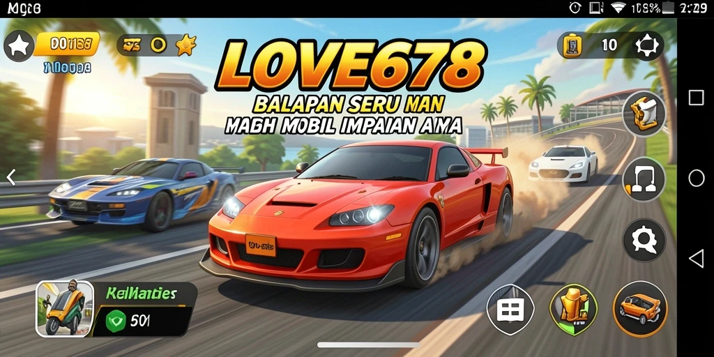 Tampilan gameplay seru di LOVE678, balapan penuh adrenalin dan mobil keren.