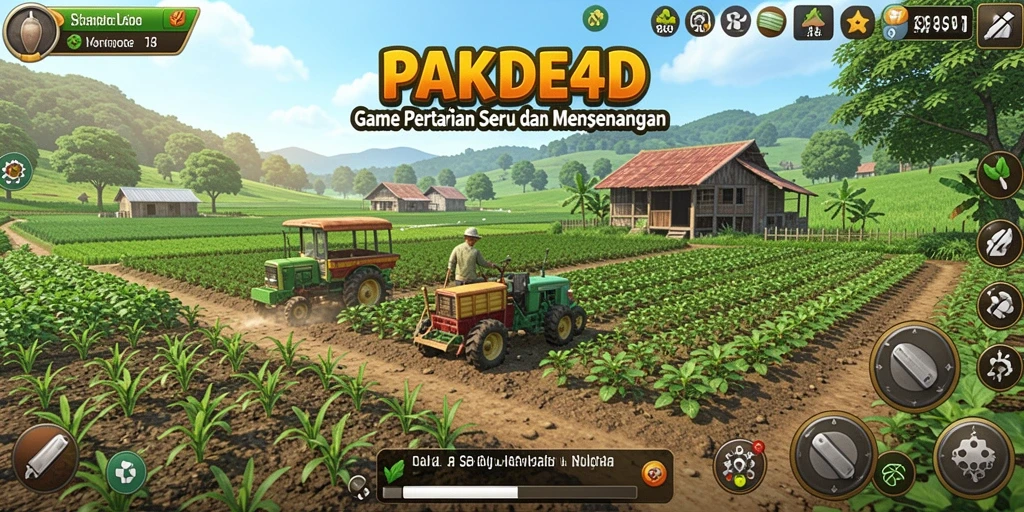 Tampilan gameplay PAKDE4D dengan lahan pertanian yang subur dan beragam tanaman.