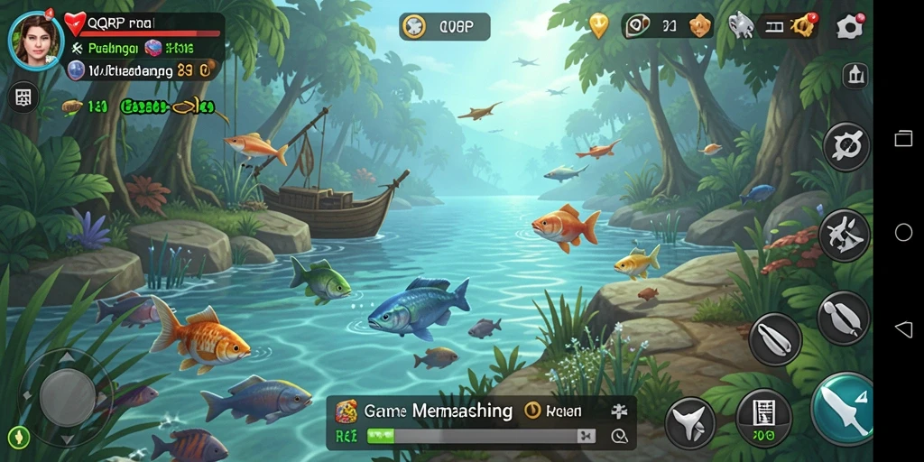 Screenshot QQRP menampilkan pemain saat menangkap ikan besar di danau.
