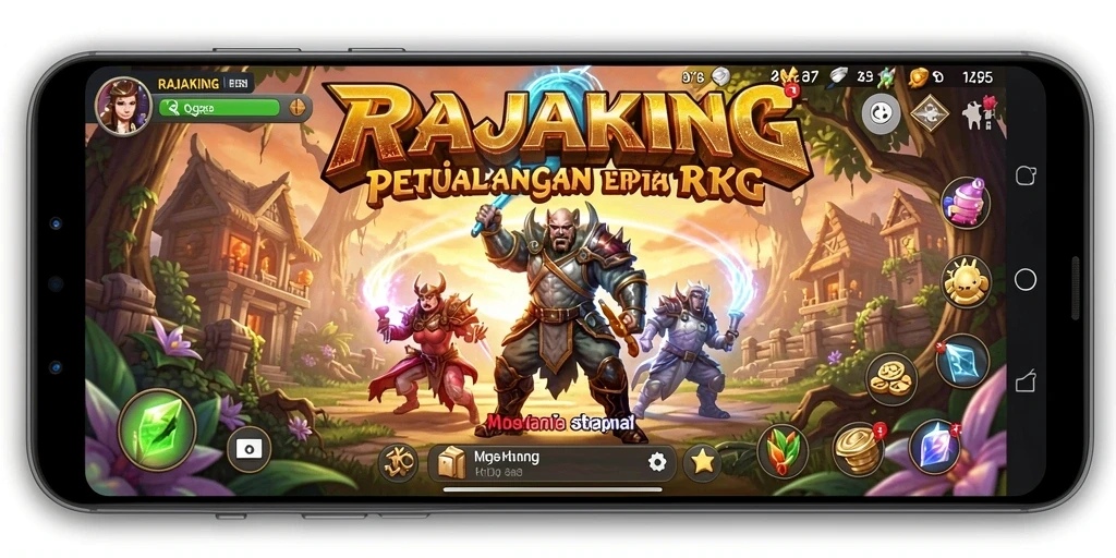Tampilan gameplay mendebarkan dalam RAJAKING dengan berbagai petualangan RPG.