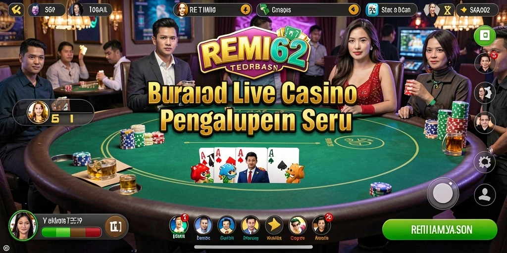 Screenshot gameplay live casino REMI62 menampilkan dealer yang ramah dan permainan yang menarik.