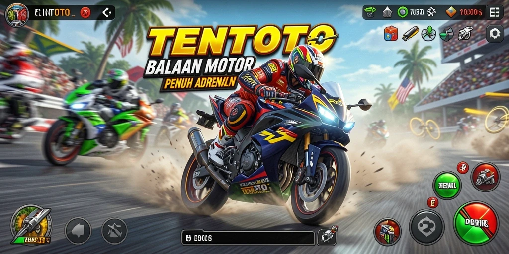 Gameplay TENTOTO yang menampilkan balapan motor yang intens.