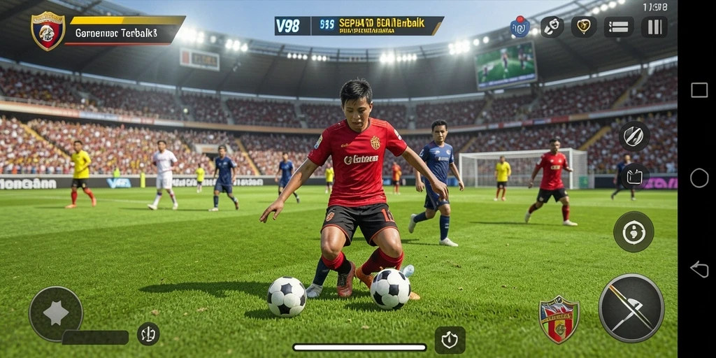 Tampilan gameplay seru dalam V98 dengan aksi sepak bola yang memukau.